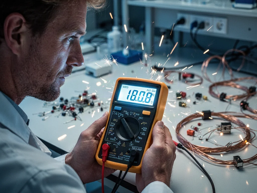 Mężczyzna w laboratorium odczytuje pomiar natężenia prądu na cyfrowym multimetrze.