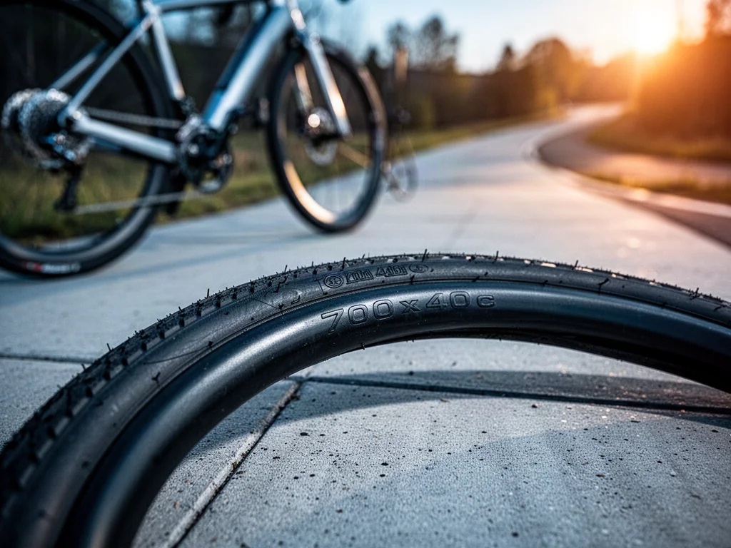 Zbliżenie na czarną oponę rowerową z wyraźnym oznaczeniem rozmiaru 700x40c na tle nowoczesnej ramy roweru.