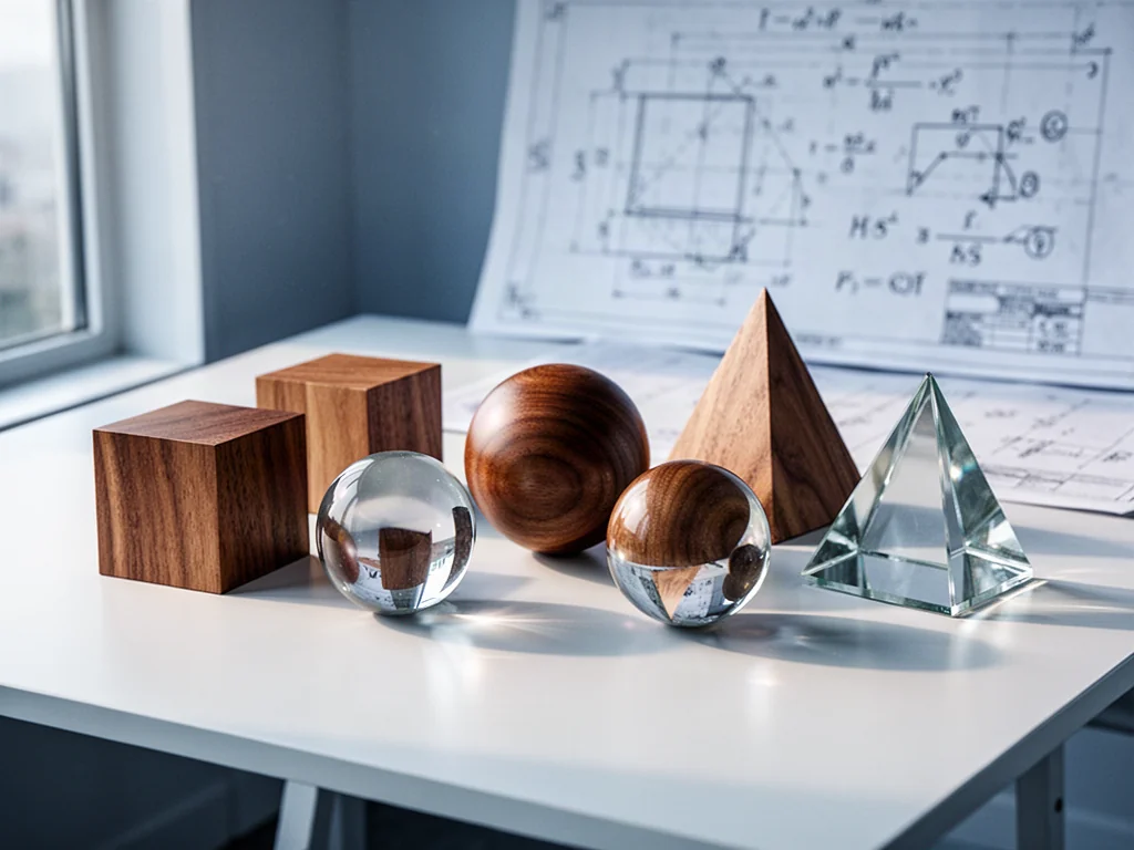 Drewniane i szklane bryły geometryczne na tle planów architektonicznych z wzorami matematycznymi.