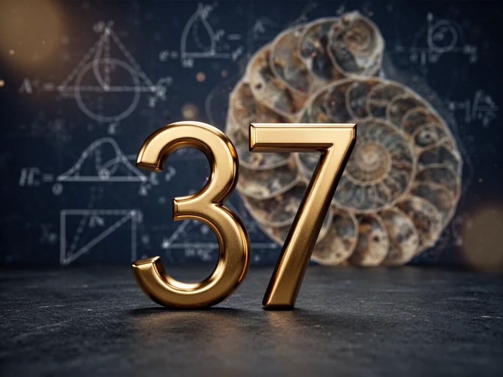 Elegancka, złota liczba 37 na ciemnym tle, otoczona rozmytymi wzorami matematycznymi i strukturami spiralnymi.