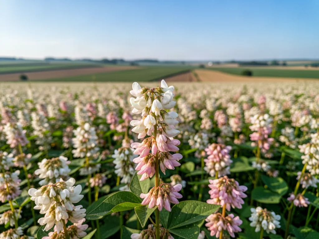 Kwitnące pole gryki z delikatnymi biało-różowymi kwiatami w promieniach porannego słońca.