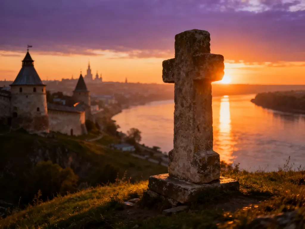 Średniowieczna twierdza nad rzeką w blasku zachodzącego słońca, symbolizująca historyczne dziedzictwo Płocka.