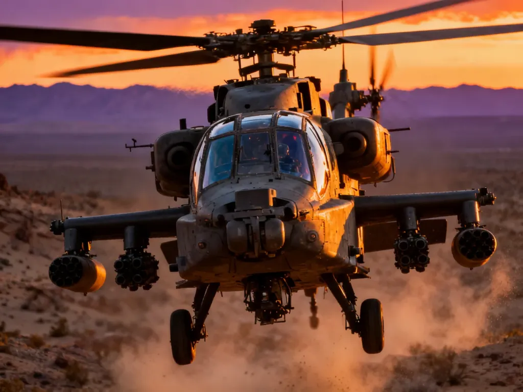 Helikopter bojowy AH-64 Apache w locie nad pustynnym terenem w świetle zachodzącego słońca.