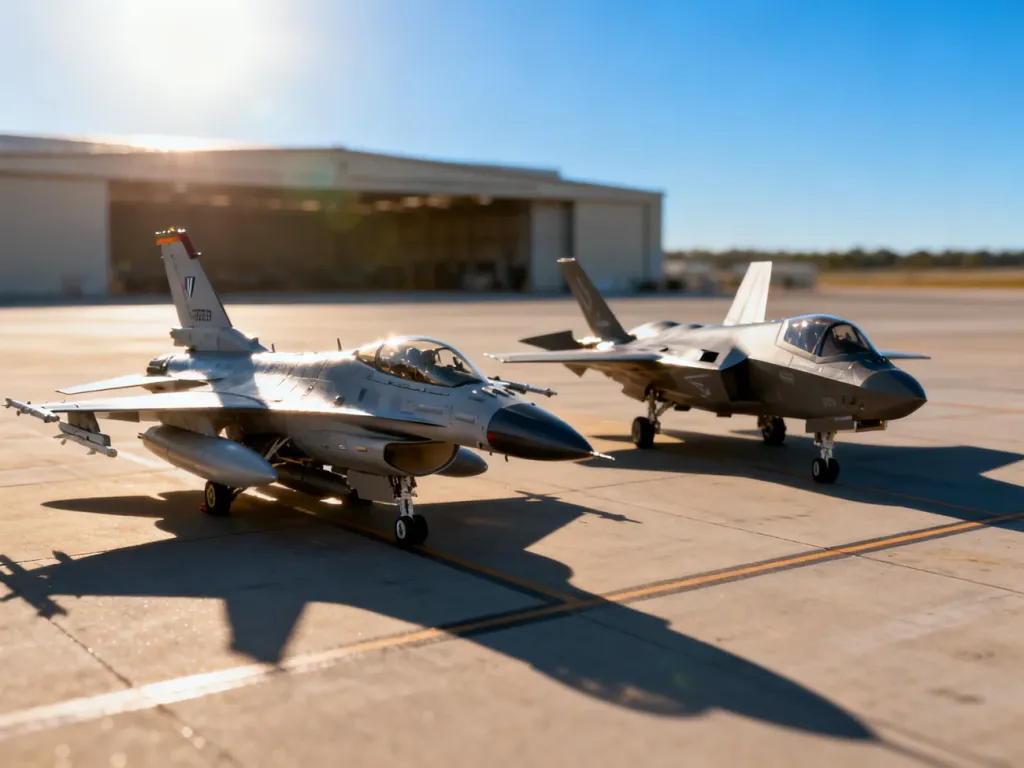 Myśliwce F-16 i F-35 zaparkowane obok siebie na płycie lotniska wojskowego w pełnym słońcu.
