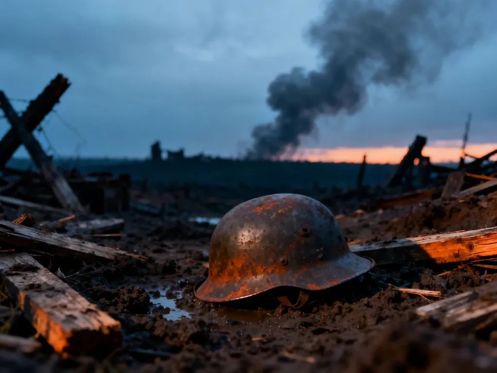 Opuszczony hełm na zniszczonym polu bitwy o zmierzchu, symbolizujący tragiczne skutki wojny totalnej.