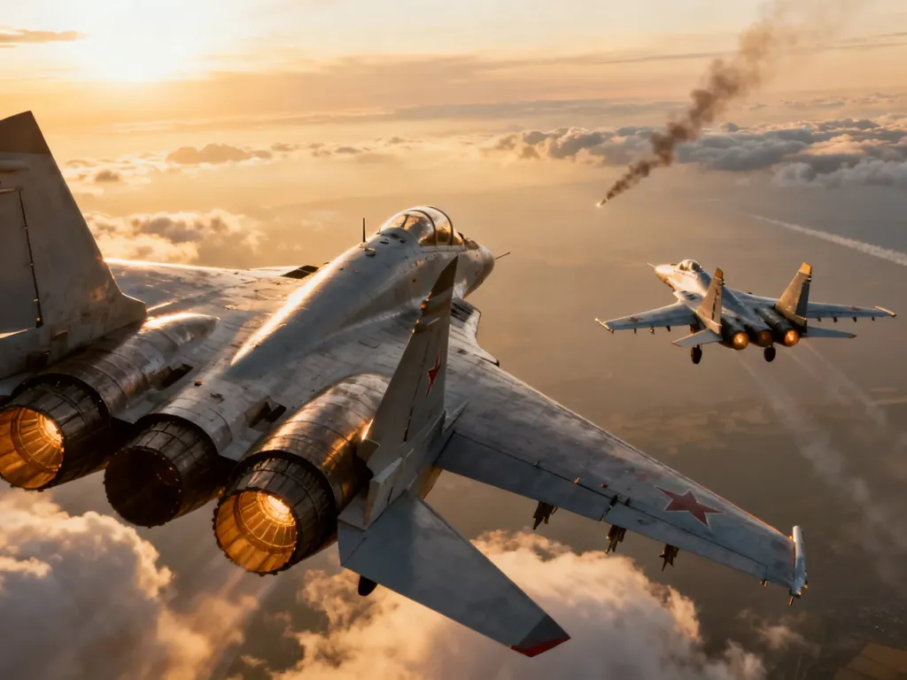 Myśliwce MiG-29 i Su-35 w powietrznym starciu na tle zachodzącego słońca. Ilustracja porównawcza obu maszyn bojowych.