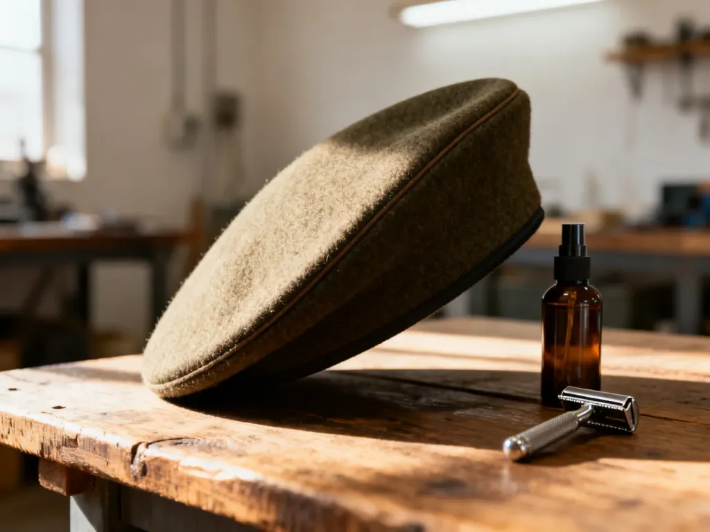 Wojskowy beret z akcesoriami do formowania na drewnianym stole, ilustrujący proces profesjonalnego przygotowania nakrycia głowy.