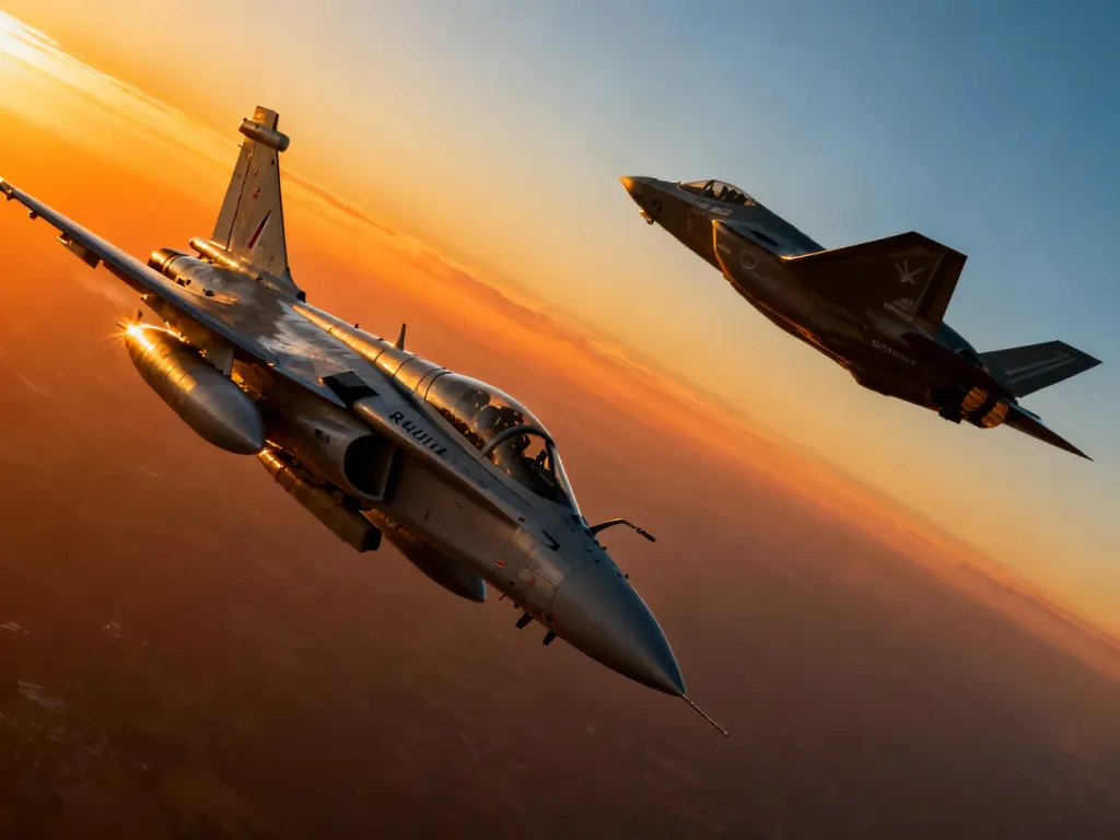 Myśliwce Rafale i F-35 lecące w formacji na tle zachodzącego słońca, prezentujące sylwetki obu maszyn.