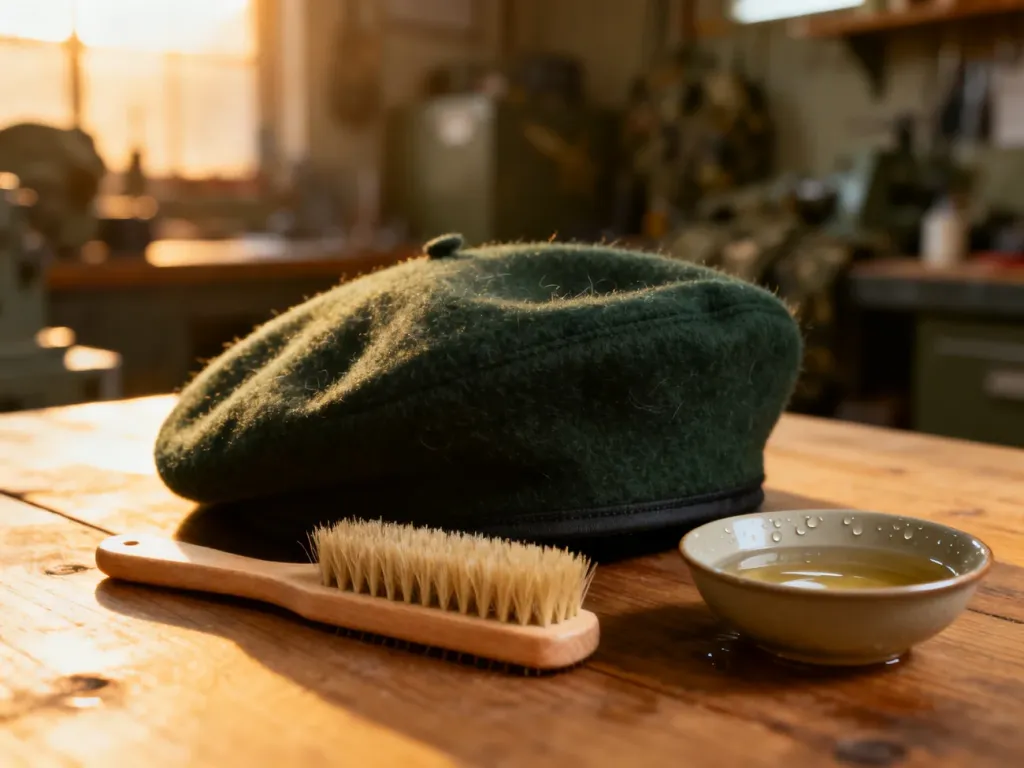 Ciemnozielony beret wojskowy obok miski z wodą i miękkiej szczotki, przygotowany do delikatnego czyszczenia.