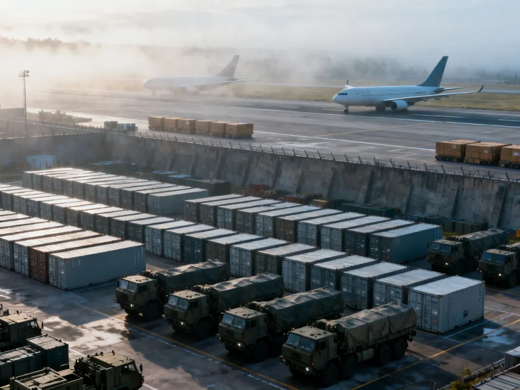 Widok z lotu ptaka na wojskowy hub logistyczny z kontenerami, pojazdami transportowymi i samolotami na pasie startowym.