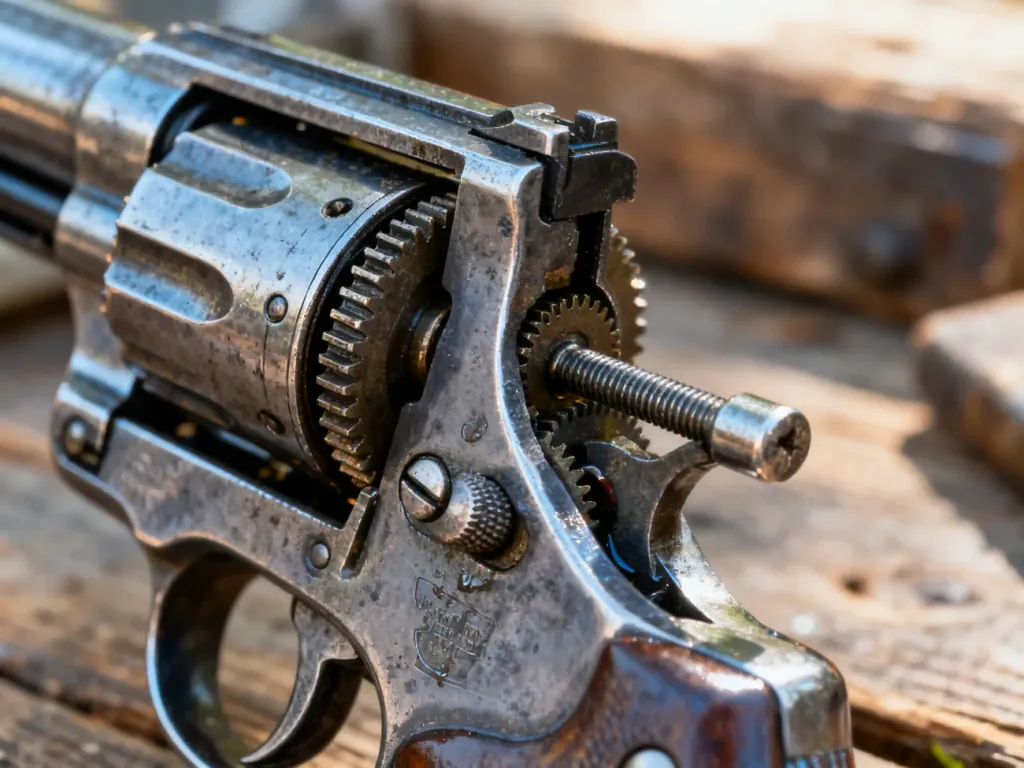 Zbliżenie na precyzyjny mechanizm wewnętrzny zabytkowego rewolweru, ukazujące bębenek i kurek na drewnianym warsztacie.