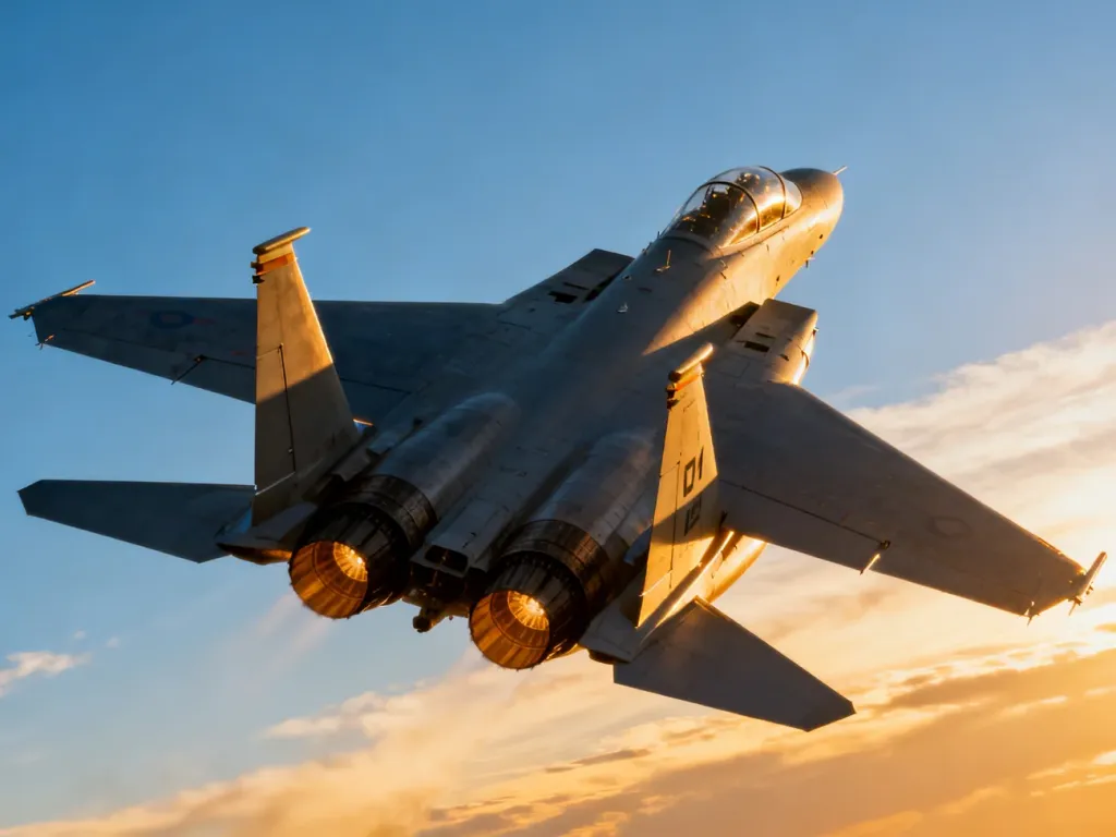 Myśliwiec F-15 Eagle lecący w blasku zachodzącego słońca na tle bezchmurnego nieba.