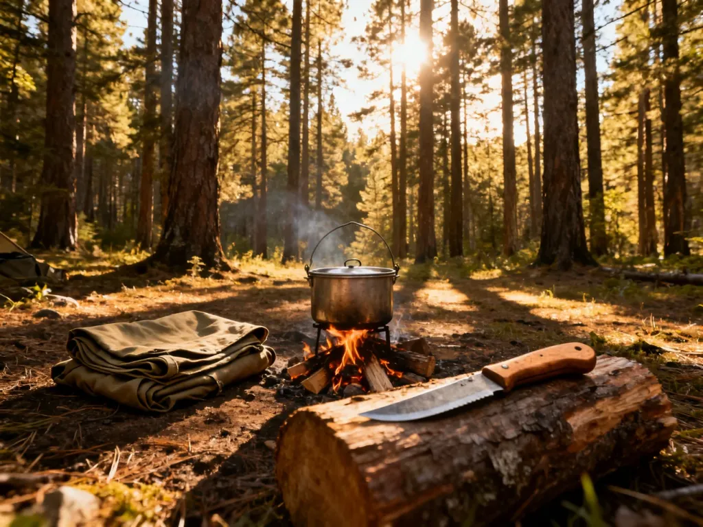 Obóz survivalowy w lesie z ogniskiem, naczyniem i narzędziami bushcraftowymi przygotowanymi do wyprawy.