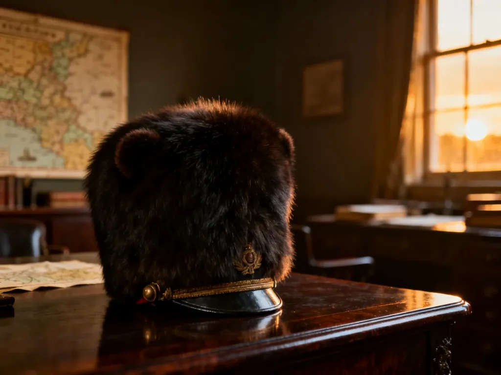 Historyczna bermyca spoczywająca na drewnianym stole w gabinecie w stylu vintage.