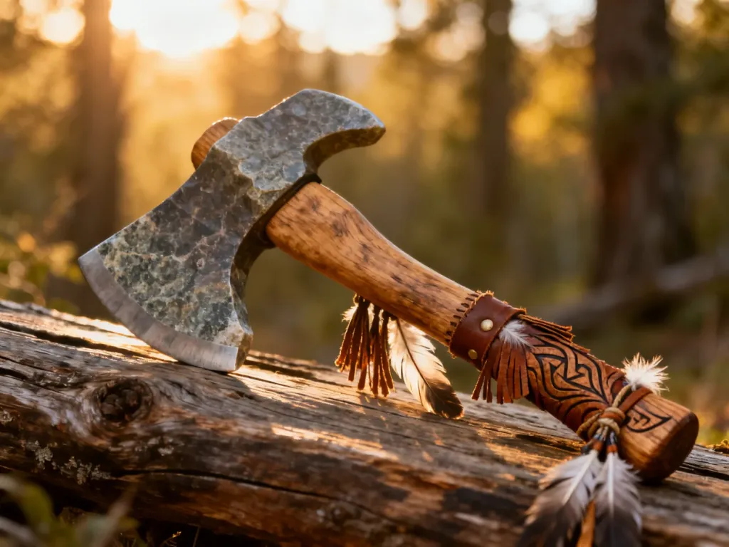Tradycyjny indiański tomahawk z kamienną głowicą i zdobioną drewnianą rękojeścią na tle leśnego krajobrazu.