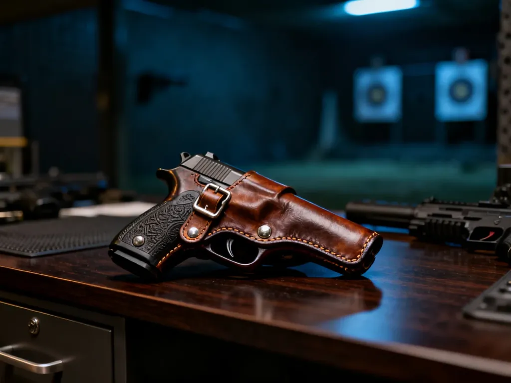 Skórzana kabura na pistolet z widocznymi detalami szwów, spoczywająca na ciemnym, drewnianym stole w nastrojowym oświetleniu.
