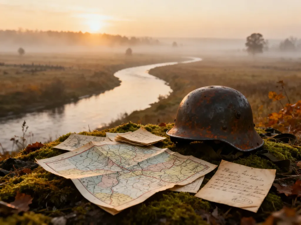 Zamglony brzeg Niemna o wschodzie słońca z porzuconym hełmem i starymi mapami, nawiązujący do historycznej bitwy.