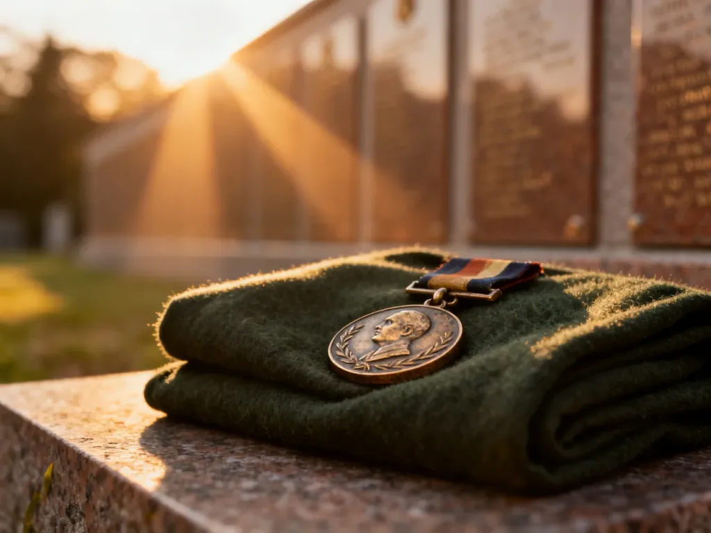 Wypolerowany medal wojskowy spoczywający na ciemnozielonym mundurze na tle pomnika w promieniach zachodzącego słońca.