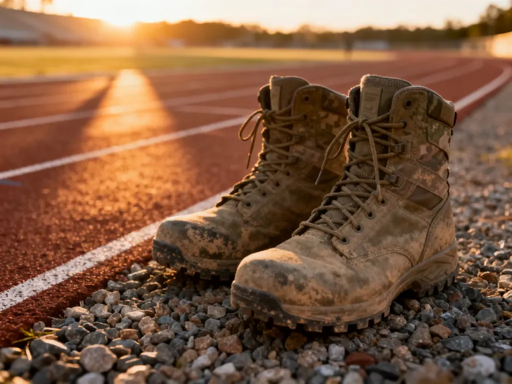 Zakurzone buty taktyczne na bieżni lekkoatletycznej w świetle wschodzącego słońca.