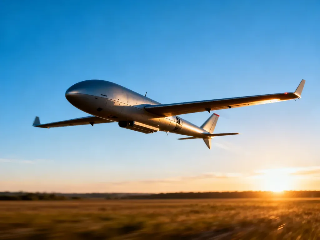 Nowoczesny dron typu amunicja krążąca lecący na tle zachodzącego słońca nad otwartym terenem.