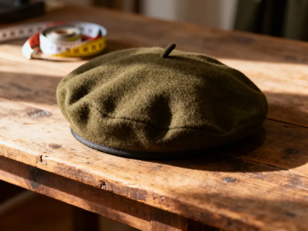 Ciemnozielony beret wojskowy na drewnianym stole obok miarki krawieckiej, ilustrujący proces precyzyjnego dopasowania rozmiaru.