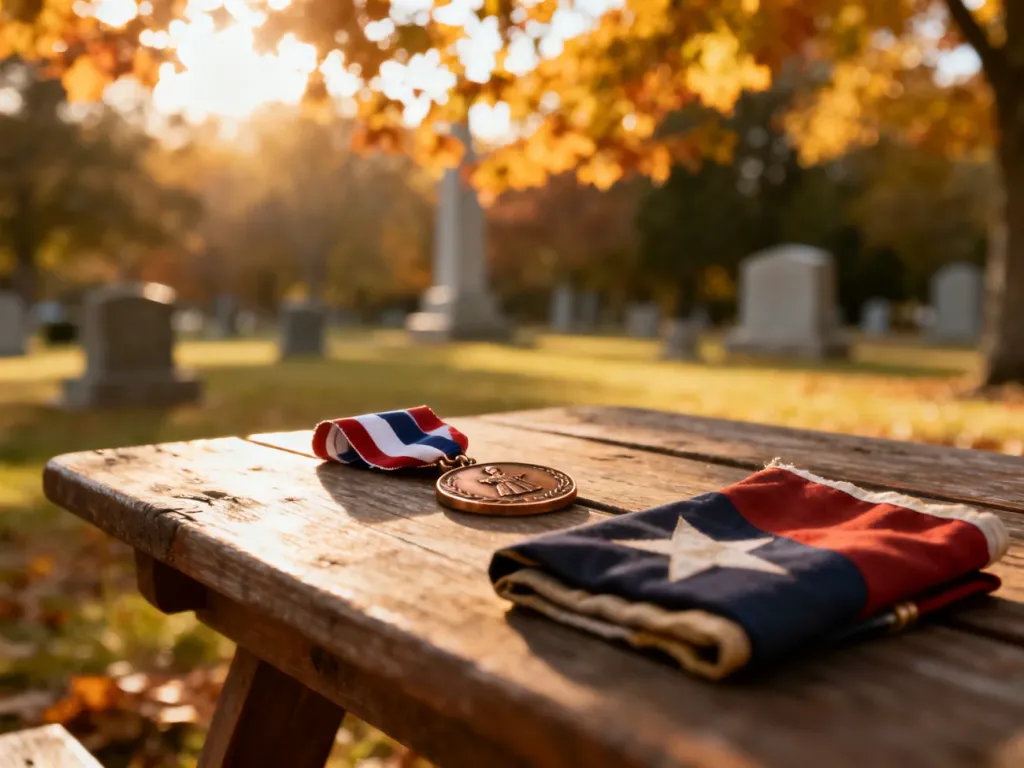 Brązowy medal weterana i złożona flaga na drewnianym stole na tle jesiennego parku, symbolizujące szacunek i pamięć.