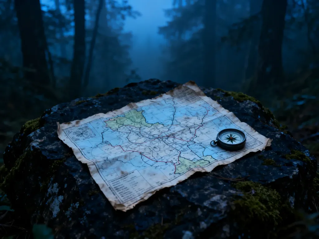 Zniszczona mapa taktyczna i kompas na mszystej skale w tle zamglonego lasu, symbolizujące planowanie trasy w trudnym terenie.