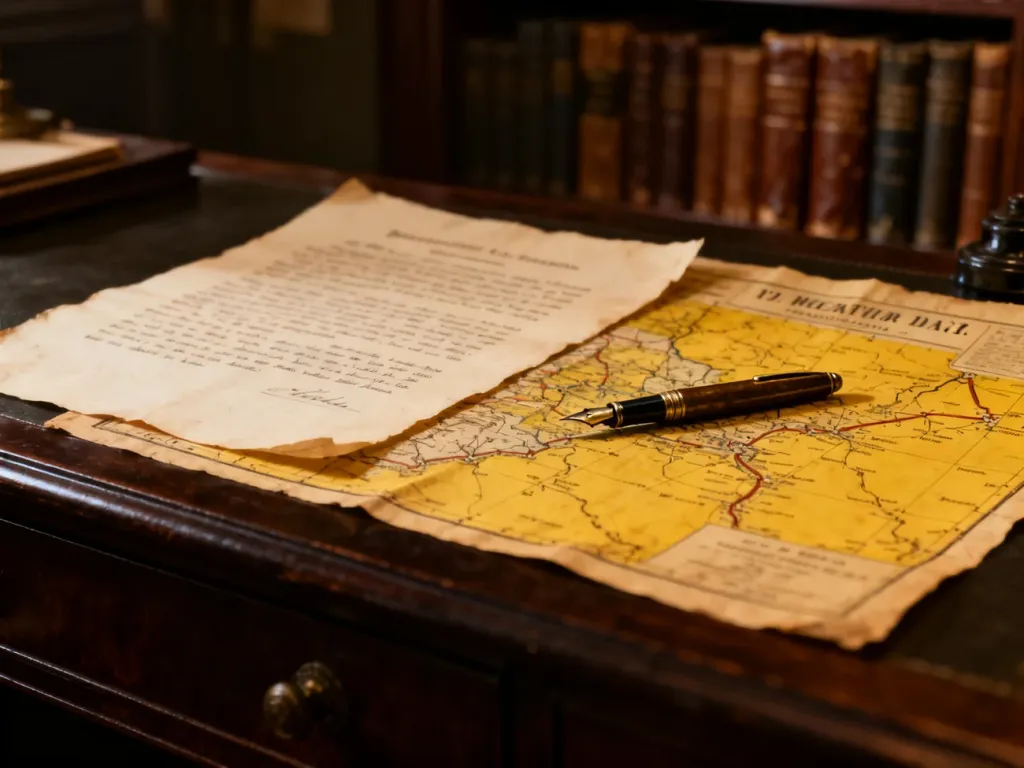 Stara mapa wojskowa z piórem na biurku, nawiązująca do klimatu historycznych badań nad wojną z bolszewikami.
