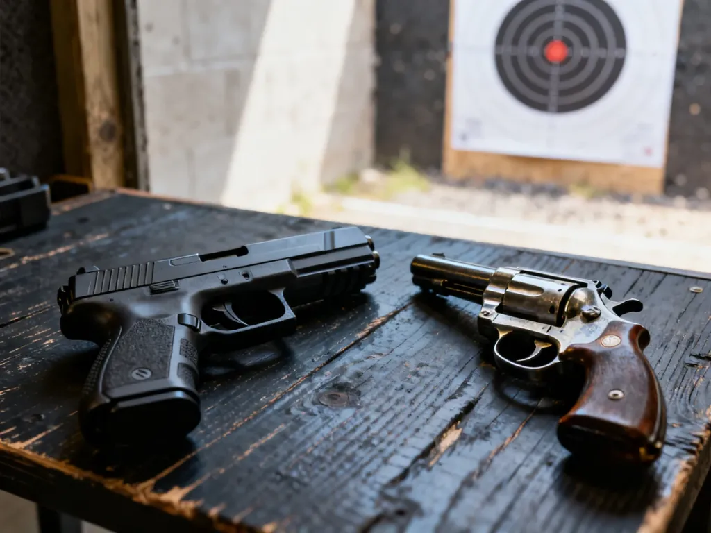 Nowoczesny pistolet samopowtarzalny oraz klasyczny rewolwer zestawione obok siebie na stole strzeleckim.