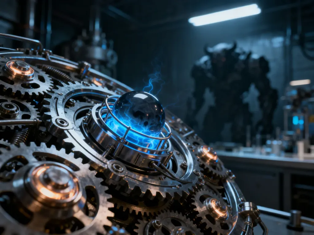 Abstrakcyjna ilustracja zaawansowanego mechanizmu z pulsującym rdzeniem, symbolizująca technologię broni masowego rażenia.