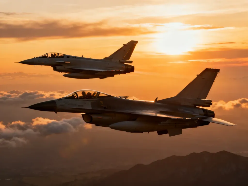 Myśliwce Eurofighter Typhoon i F-16 lecące w formacji na tle zachodzącego słońca, prezentujące swoje sylwetki aerodynamiczne.