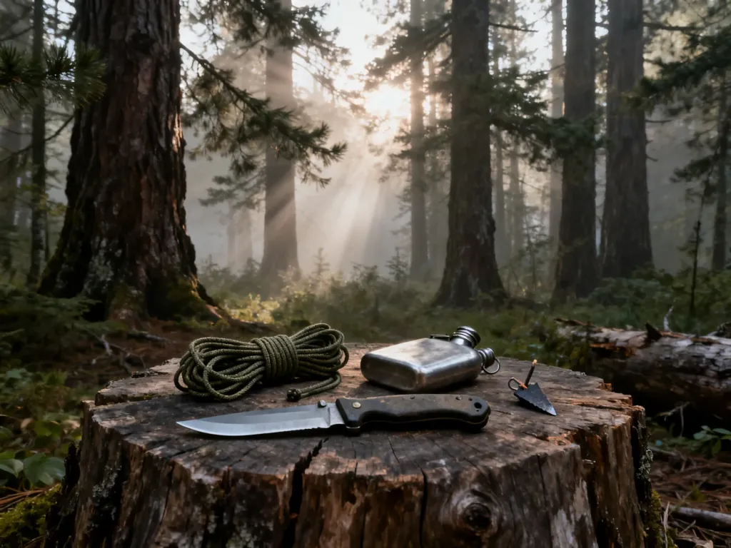 Niezbędnik survivalowy z nożem, krzesiwem i manierką rozłożony na pniu w lesie, gotowy do wyprawy.