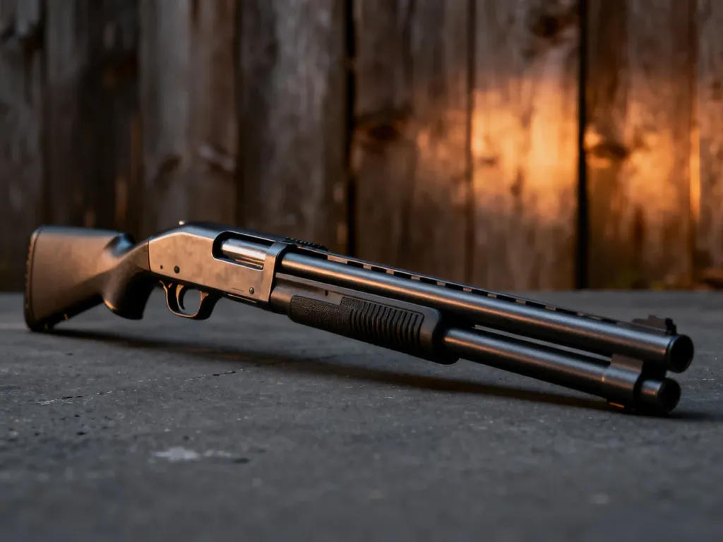 Strzelba typu pump-action Remington 870 wyeksponowana na ciemnym tle w profesjonalnym oświetleniu studyjnym.