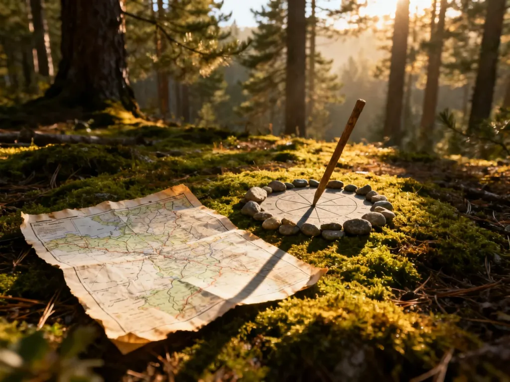 Stara mapa i kamienny zegar słoneczny na leśnym mchu, ilustrujące metody orientacji w terenie bez użycia kompasu.