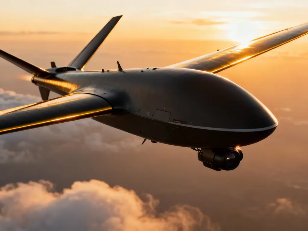 Zaawansowany dron wojskowy z systemem sensorów wykonujący misję rozpoznawczą na tle zachodzącego słońca.