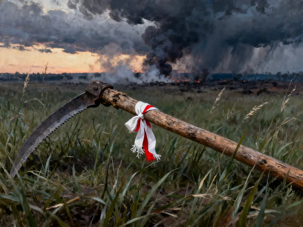 Drewniana kosa z biało-czerwoną wstążką na tle dymnego pola bitwy, symbolizująca udział kosynierów w powstaniu kościuszkowskim.