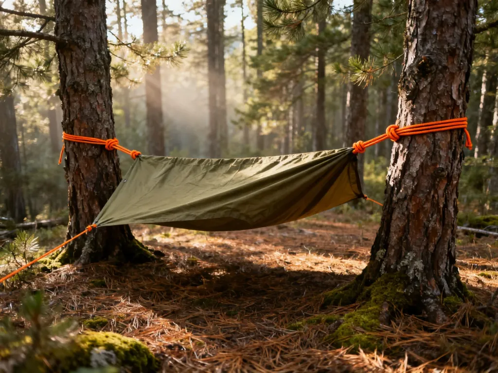 Oliwkowa plandeka rozpięta między drzewami w lesie, tworząca solidne schronienie typu bushcraft.