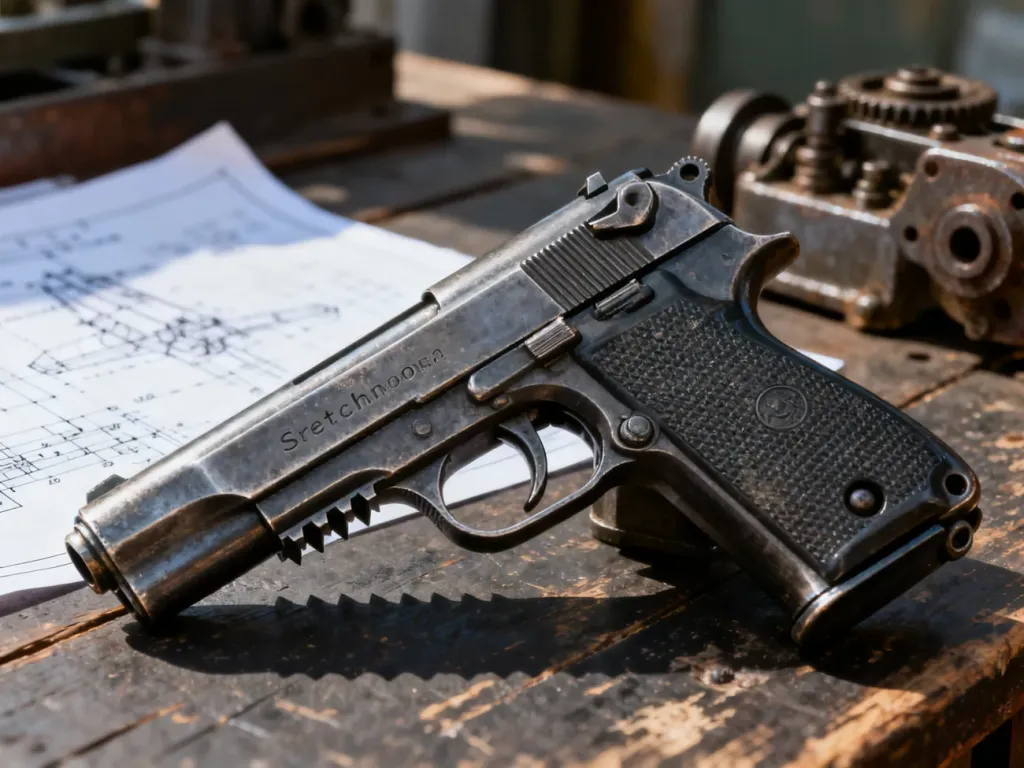 Pistolet automatyczny Stieczkin leżący na drewnianym warsztacie w otoczeniu technicznych planów i części mechanicznych.