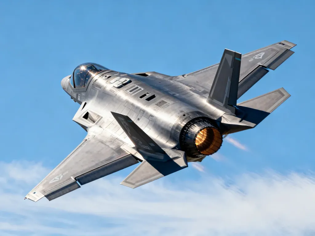 Nowoczesny myśliwiec F-35 w locie na tle bezchmurnego nieba. Prezentacja sylwetki samolotu w pełnym słońcu.