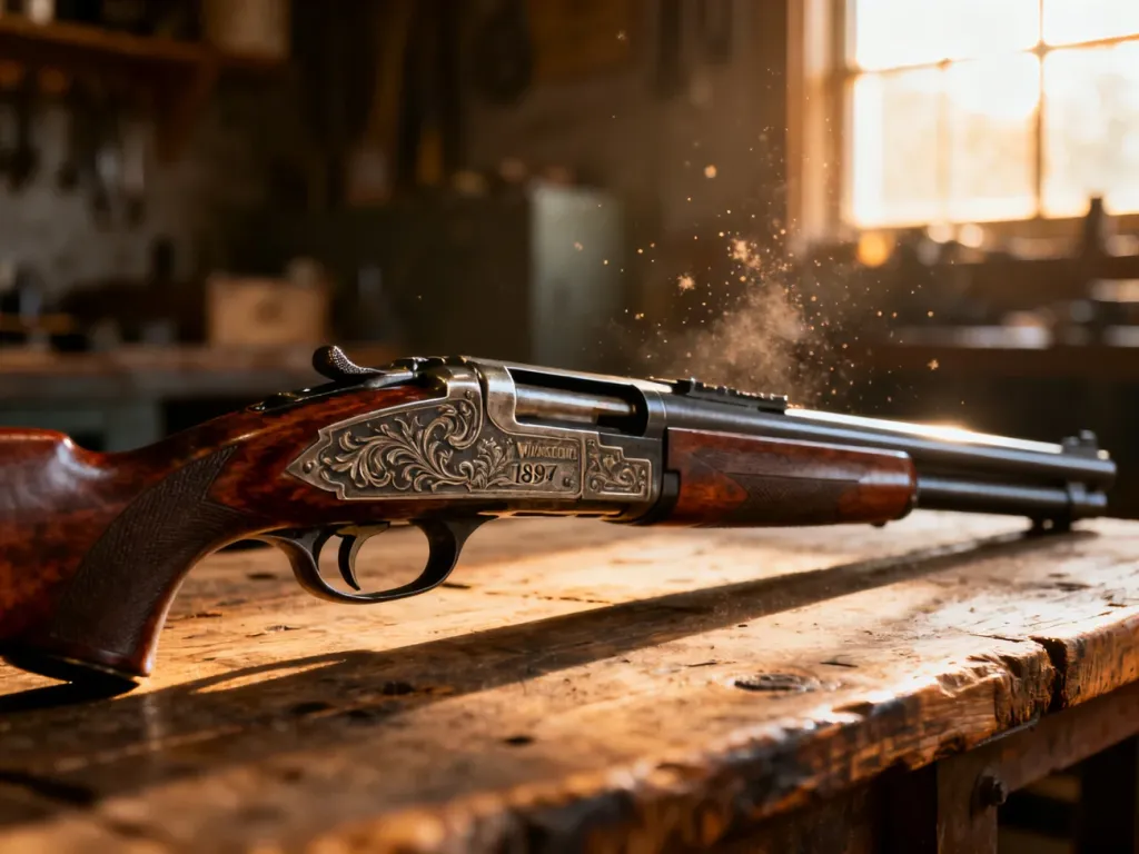 Zabytkowa strzelba Winchester model 1897 z grawerowaną lufą i drewnianą kolbą spoczywająca na starym dębowym stole.