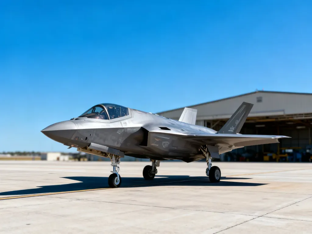 Nowoczesny myśliwiec F-35 zaparkowany na betonowej płycie lotniska wojskowego w słoneczny dzień.