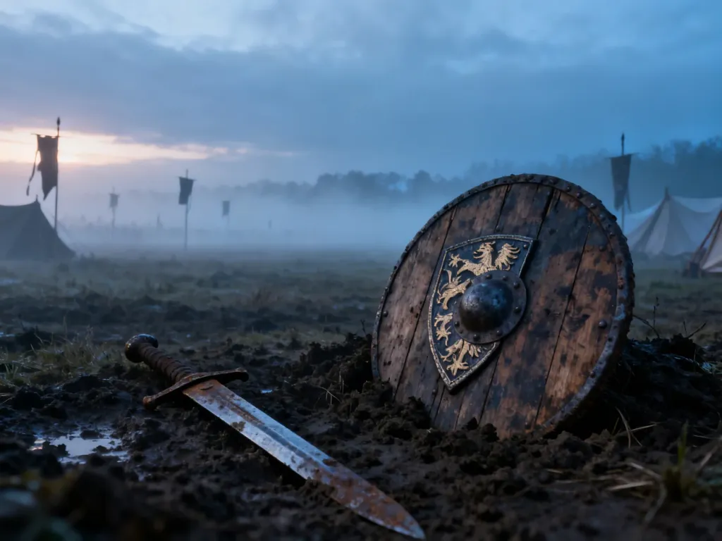 Pole bitwy pod Grunwaldem o świcie: porzucona tarcza i miecz w błocie na tle zamglonego obozu rycerskiego.