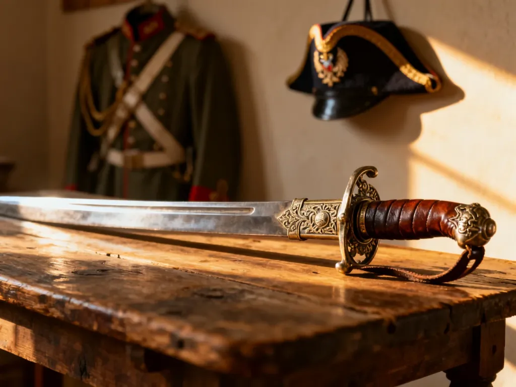 Historyczna szabla ułańska leżąca na drewnianym stole w świetle zachodzącego słońca. W tle widoczny zarys munduru i rogatywki.