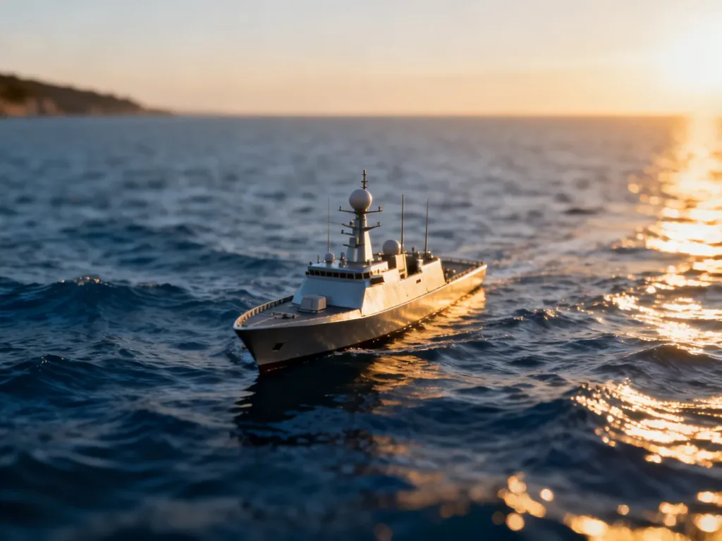 Nowoczesna korweta patrolująca spokojne wody oceanu podczas zachodu słońca.