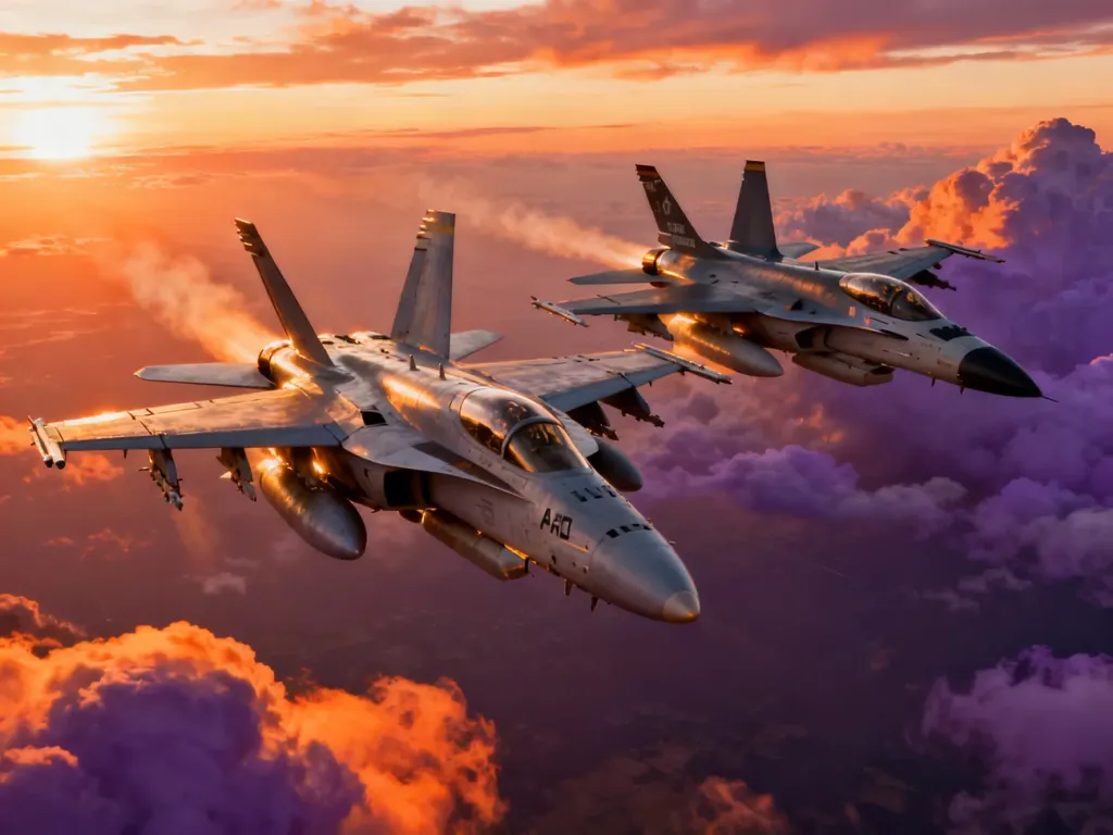 Myśliwce F/A-18 Hornet i F-16 Fighting Falcon lecące w szyku na tle zachodzącego słońca.