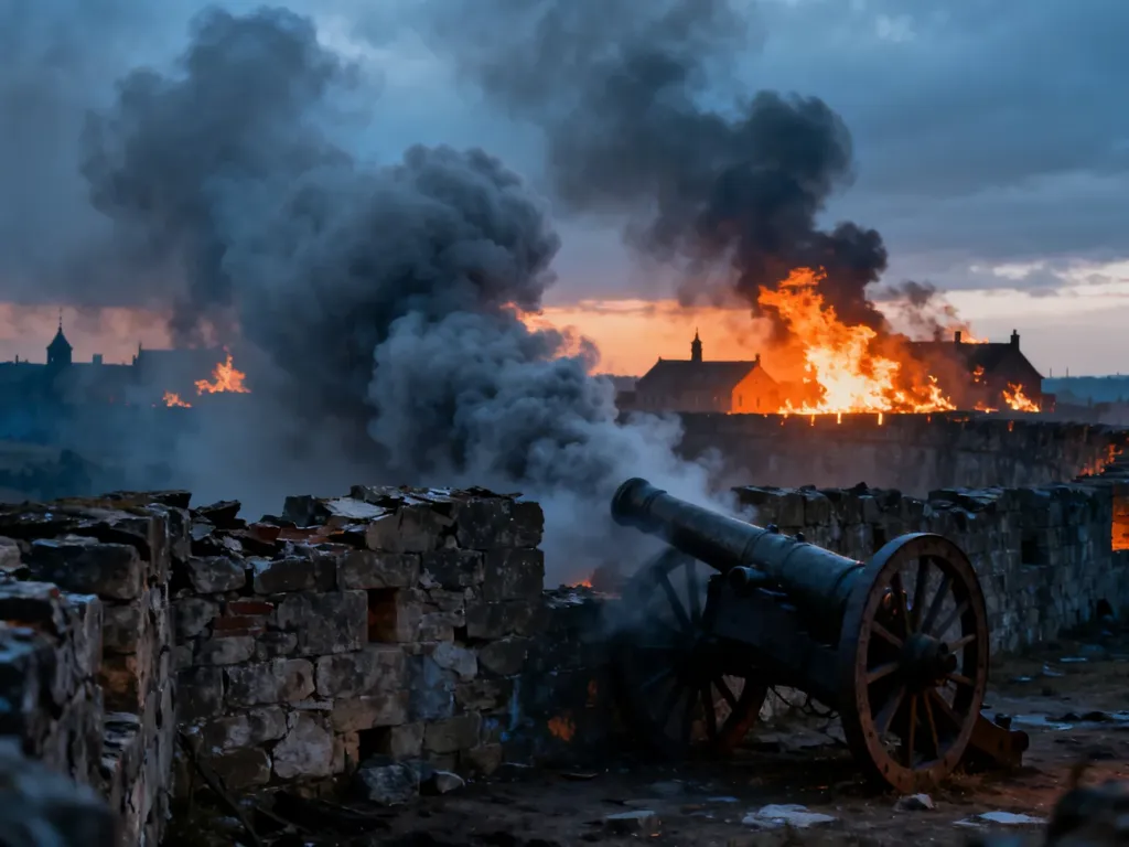 Dramatyczna scena obrony Woli z płonącymi budynkami i historyczną armatą na tle dymu bitewnego.
