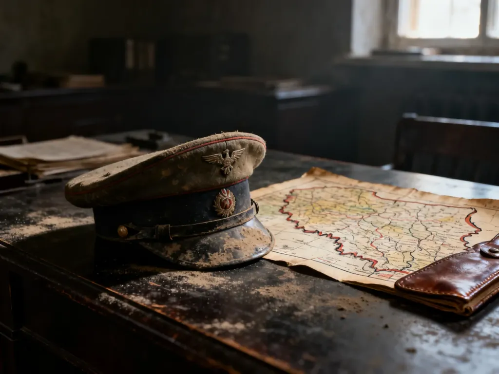 Wojskowa czapka oficerska i stara mapa Polski na biurku, przywołujące klimat historycznej zadumy nad losem generała.