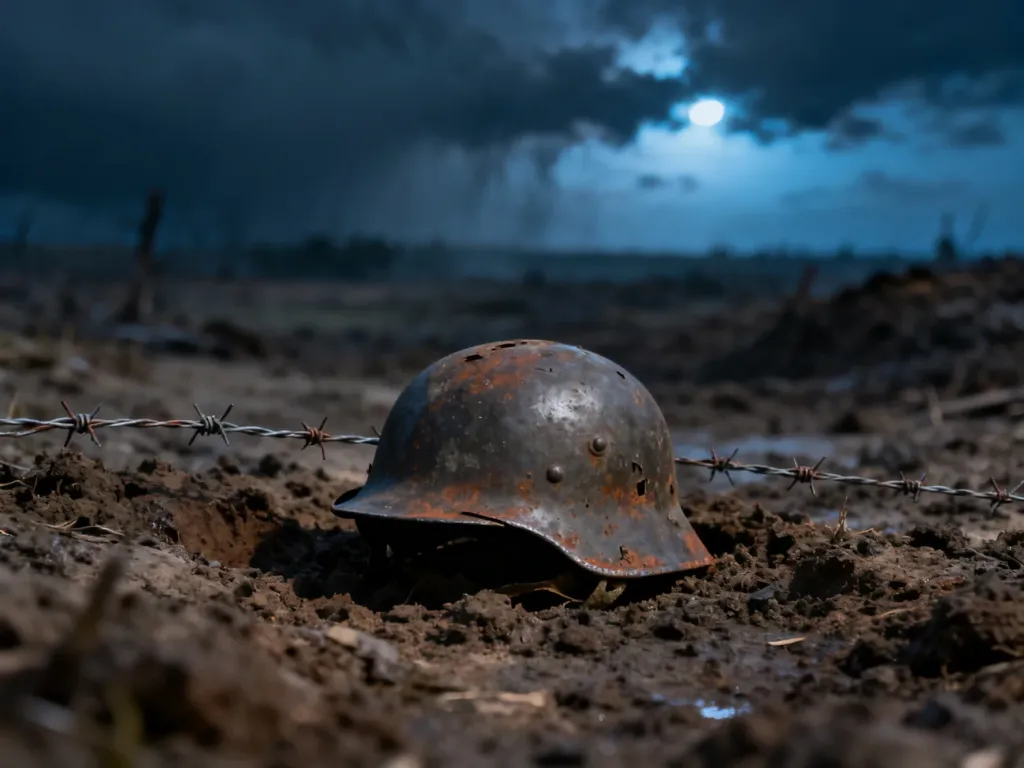 Opuszczony hełm i drut kolczasty na błotnistym polu bitwy w ponurym świetle zmierzchu, symbolizujące grozę Wielkiej Wojny.