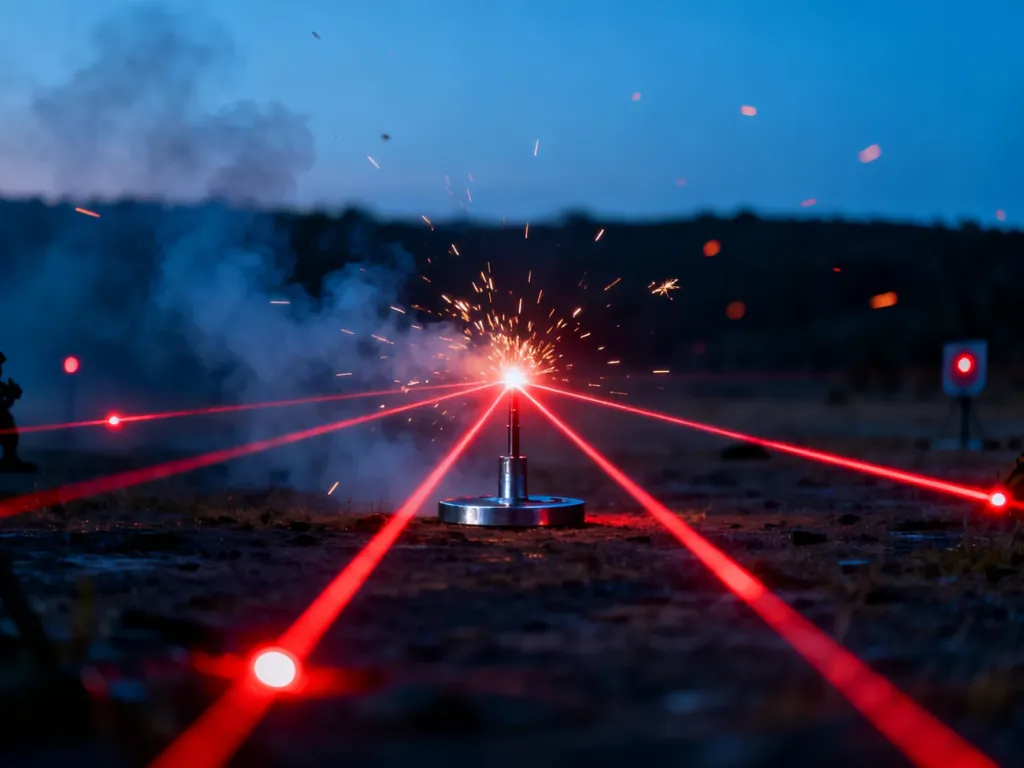 Skupienie wiązek laserowych na metalowym celu, obrazujące koncepcję koncentracji ognia w warunkach poligonowych.