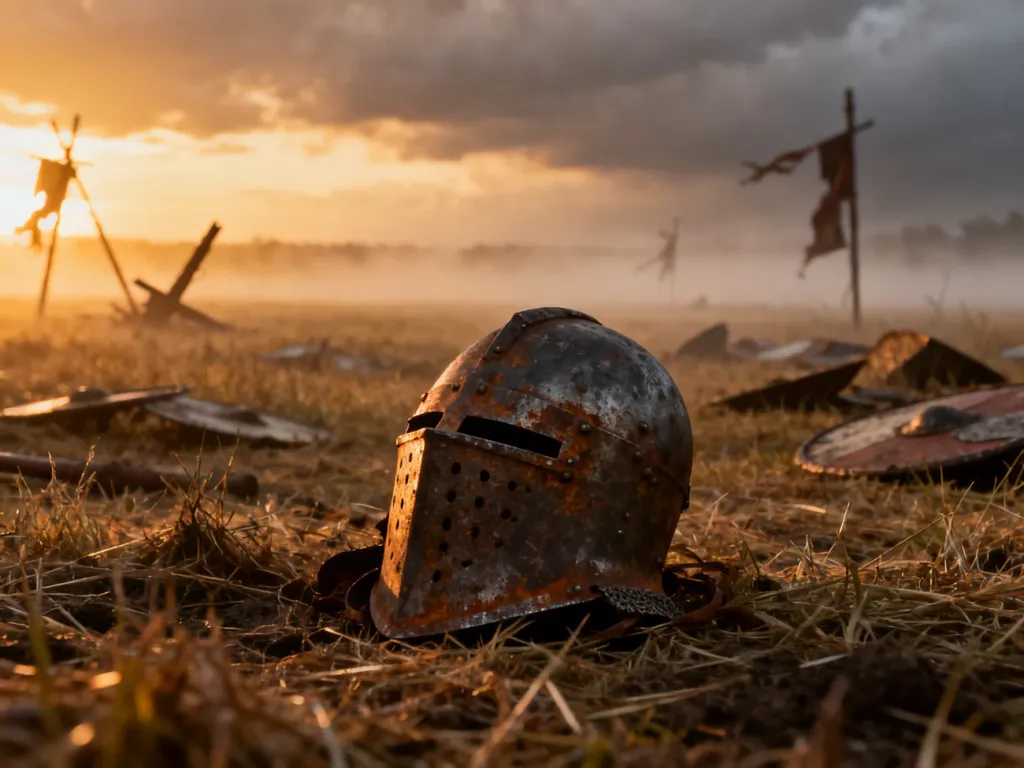 Porzucony hełm rycerski na polu bitwy pod Grunwaldem o zachodzie słońca, symbolizujący tragiczne skutki starcia.